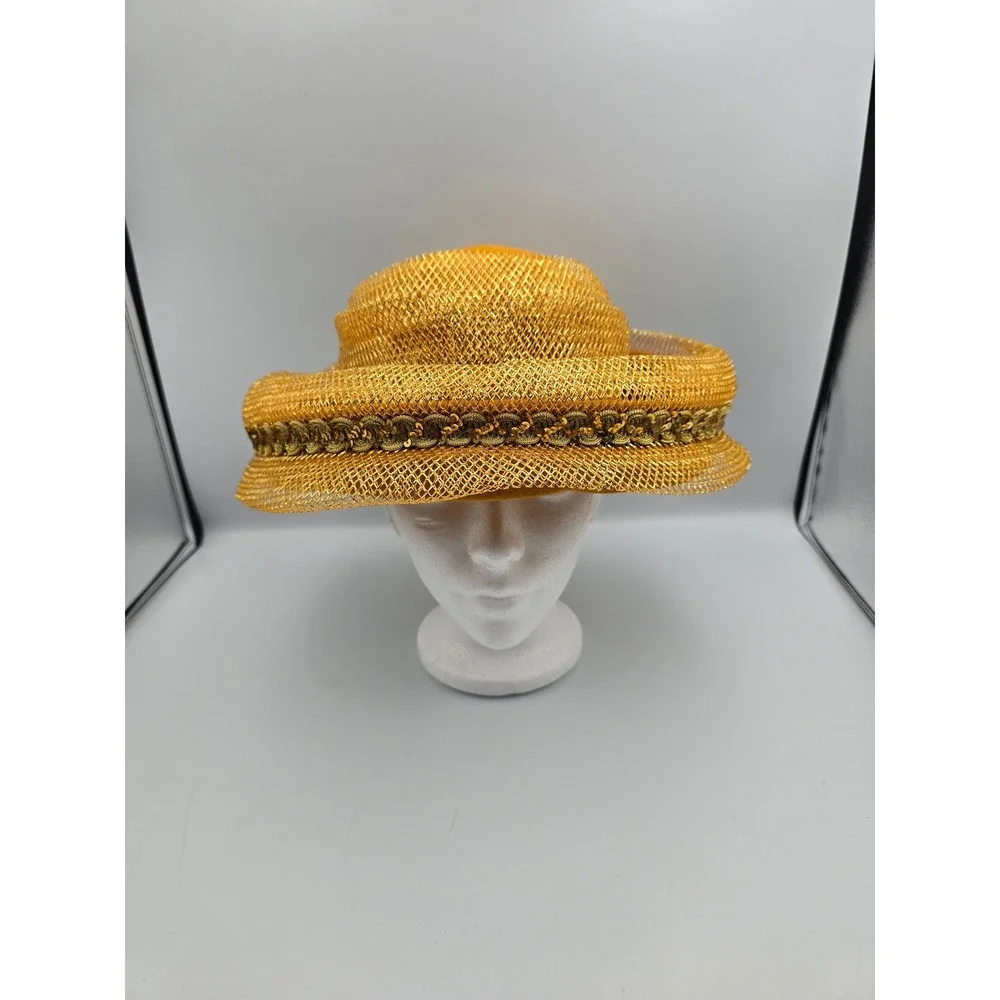 Vintage‎ Pillbox Hat Women OS Mustard Yellow Excellent Gold Mesh Sequin ,Wool